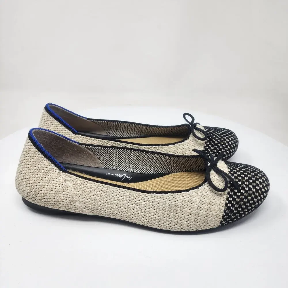 ROTHY'S Coco Ballet Flats Women 8.5 Cream & Black Round Cap Toe with Bow